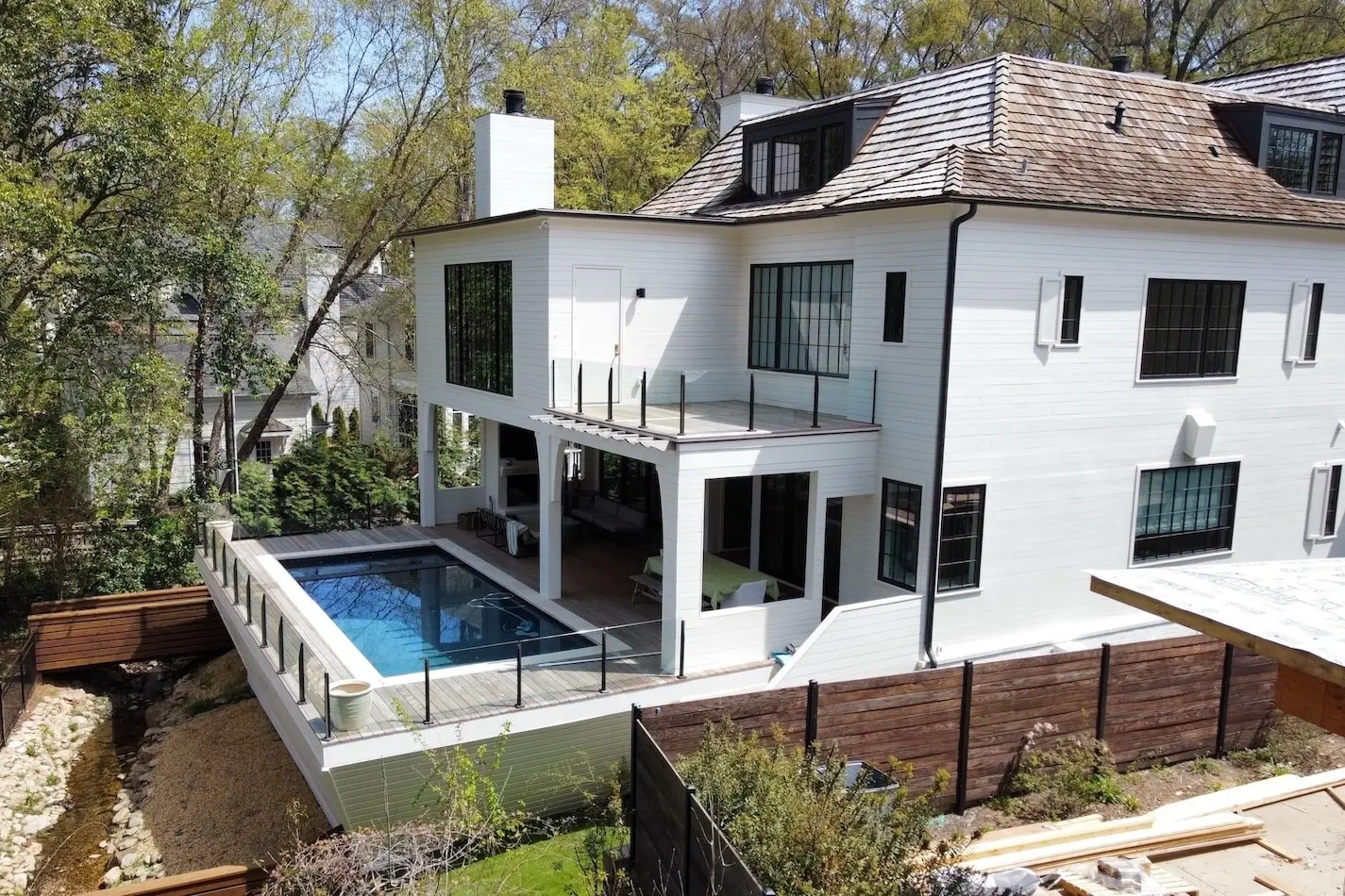 Residential house with shake roofing.