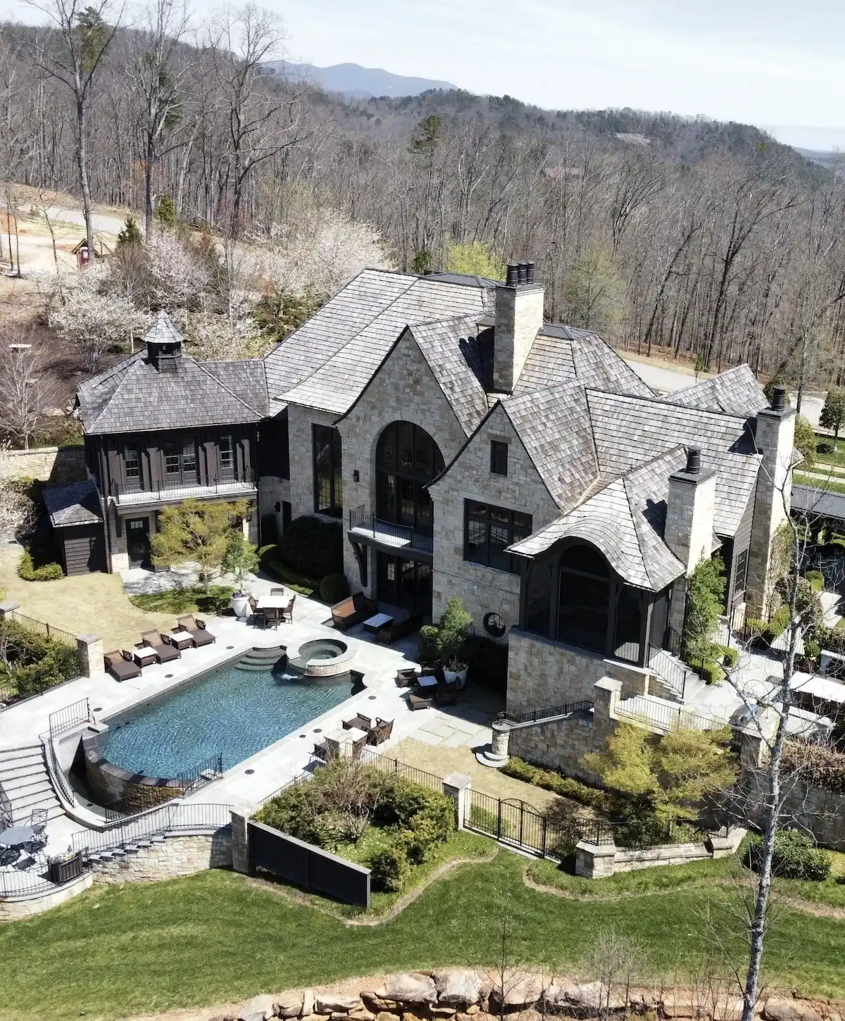 Residential house with cedar shake roofing.